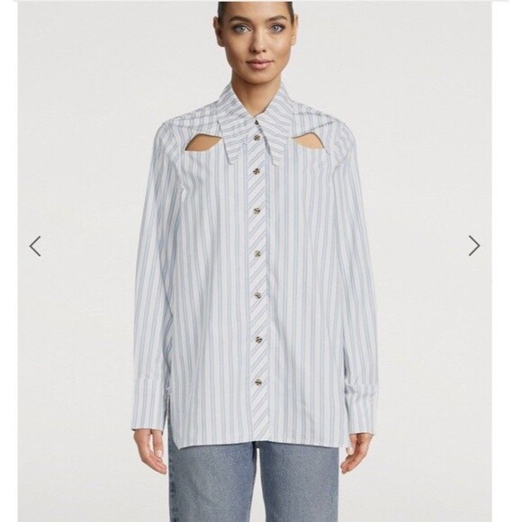 GANNI Cut-Out Shirt In Striped Print Size 34 minimalist Lagenlook - Picture 1 of 11